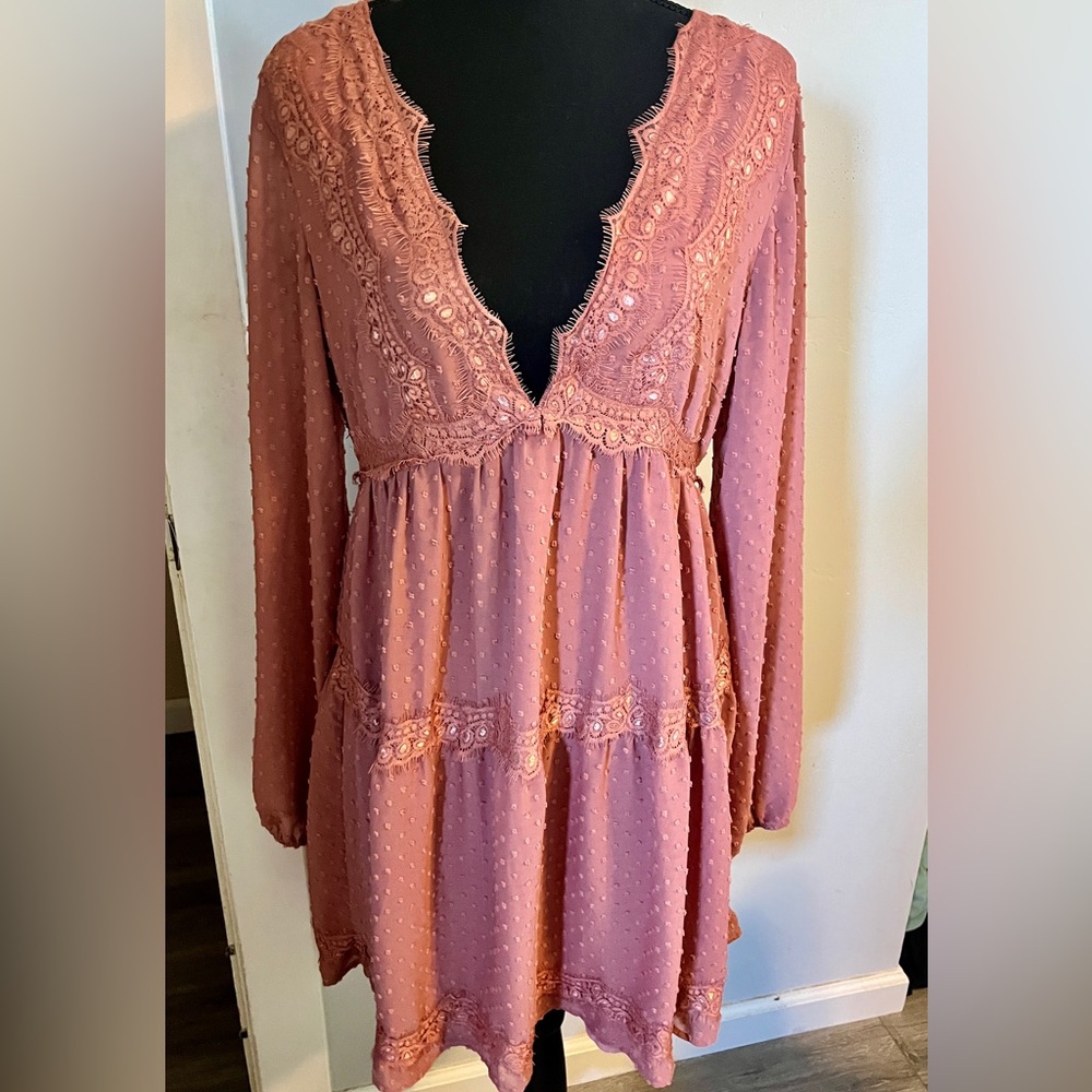 Lulu's Dusty Rose Lace Long Sleeve Dress - Picture 3 of 6